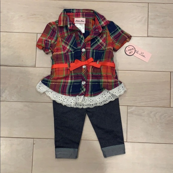 Little Lass plaid top and denim bottom set